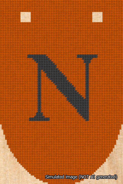 A simulated image of the stitched needlepoint design: Banner 18m Rounded N Black on Orange. Not A.I. generated.