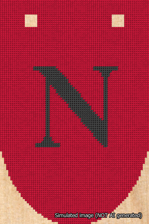 A simulated image of the stitched needlepoint design: Banner 18m Rounded N Black on Red. Not A.I. generated.