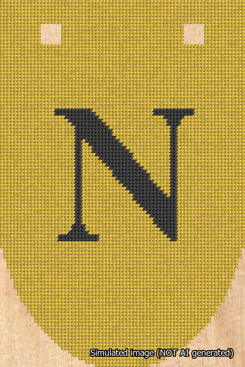 A simulated image of the stitched needlepoint design: Banner 18m Rounded N Black on Yellow. Not A.I. generated.