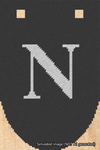 A simulated image of the stitched needlepoint design: Banner 18m Rounded N White on Black. Not A.I. generated.