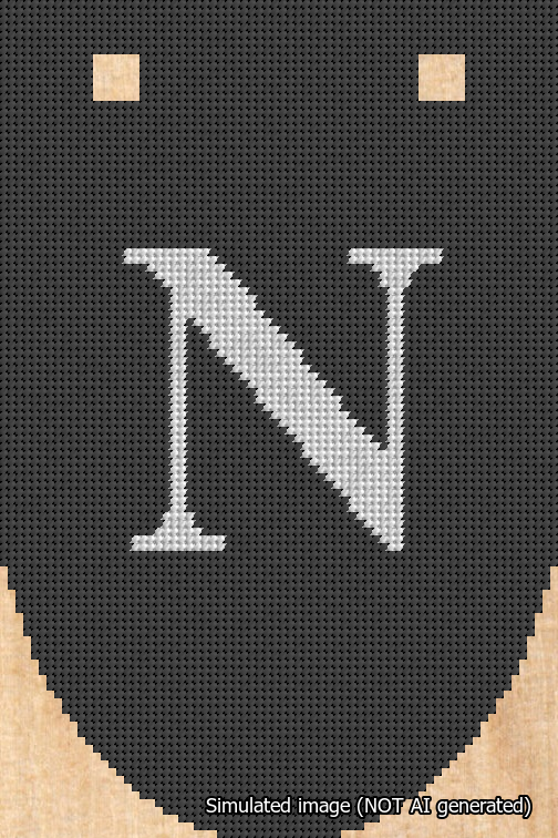 A simulated image of the stitched needlepoint design: Banner 18m Rounded N White on Black. Not A.I. generated.
