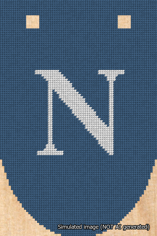 A simulated image of the stitched needlepoint design: Banner 18m Rounded N White on Blue. Not A.I. generated.