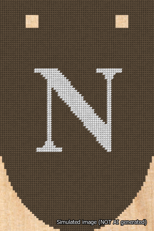 A simulated image of the stitched needlepoint design: Banner 18m Rounded N White on Brown. Not A.I. generated.