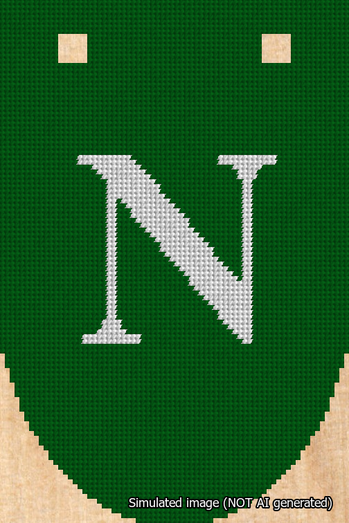 A simulated image of the stitched needlepoint design: Banner 18m Rounded N White on Green. Not A.I. generated.