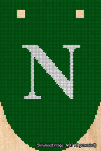 A simulated image of the stitched needlepoint design: Banner 18m Rounded N White on Green. Not A.I. generated.
