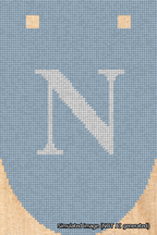 A simulated image of the stitched needlepoint design: Banner 18m Rounded N White on Light Blue. Not A.I. generated.