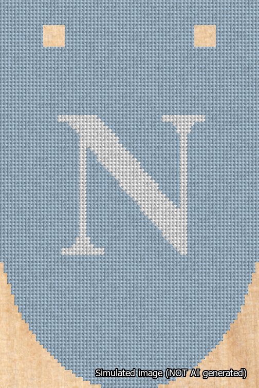 A simulated image of the stitched needlepoint design: Banner 18m Rounded N White on Light Blue. Not A.I. generated.
