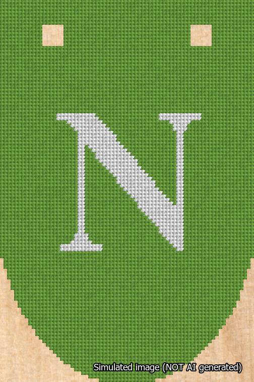 A simulated image of the stitched needlepoint design: Banner 18m Rounded N White on Light Green. Not A.I. generated.