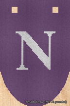 A simulated image of the stitched needlepoint design: Banner 18m Rounded N White on Purple. Not A.I. generated.