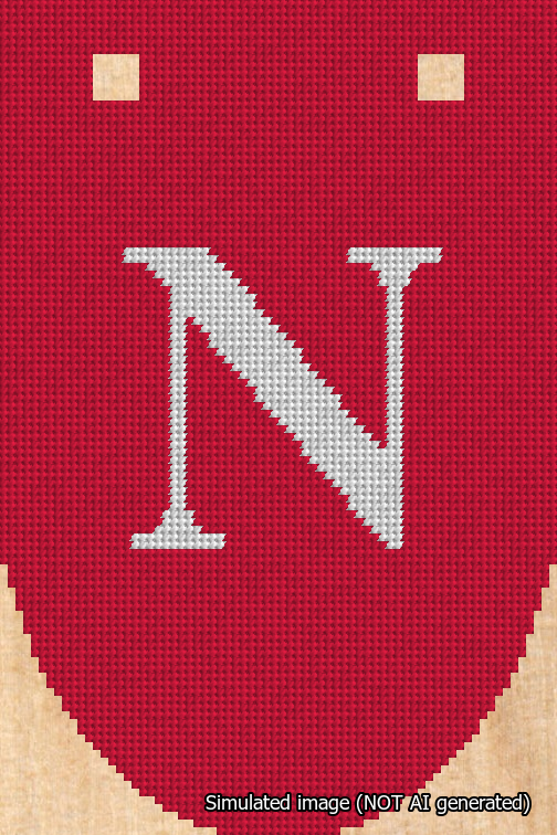 A simulated image of the stitched needlepoint design: Banner 18m Rounded N White on Red. Not A.I. generated.
