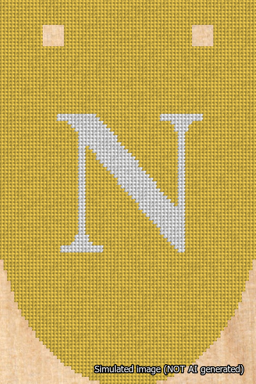 A simulated image of the stitched needlepoint design: Banner 18m Rounded N White on Yellow. Not A.I. generated.
