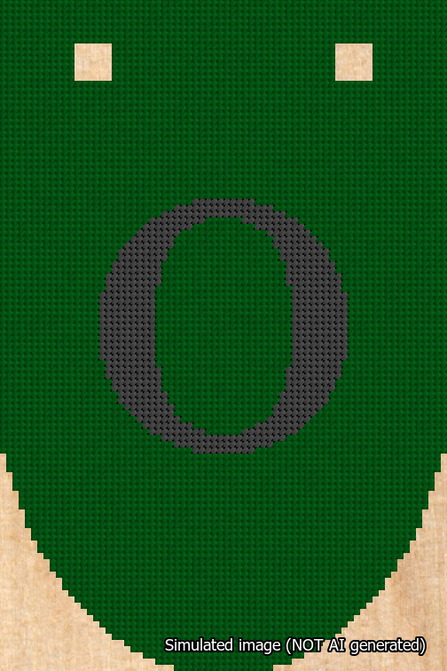 A simulated image of the stitched needlepoint design: Banner 18m Rounded O Black on Green. Not A.I. generated.
