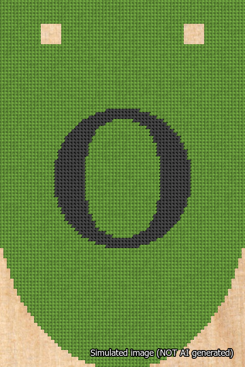 A simulated image of the stitched needlepoint design: Banner 18m Rounded O Black on Light Green. Not A.I. generated.