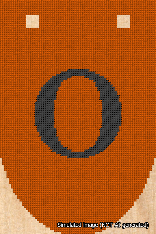A simulated image of the stitched needlepoint design: Banner 18m Rounded O Black on Orange. Not A.I. generated.