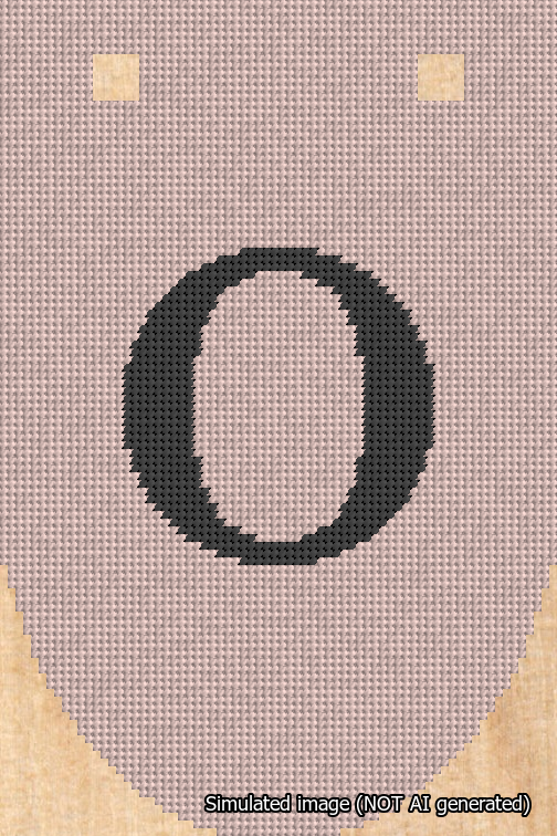 A simulated image of the stitched needlepoint design: Banner 18m Rounded O Black on Pink. Not A.I. generated.