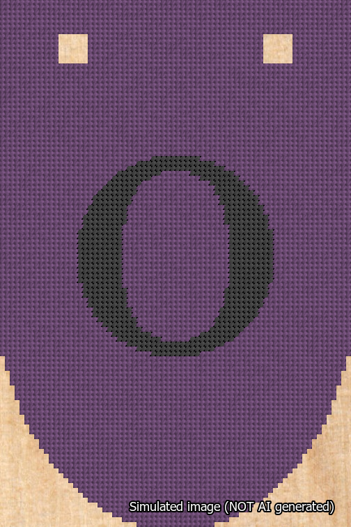 A simulated image of the stitched needlepoint design: Banner 18m Rounded O Black on Purple. Not A.I. generated.