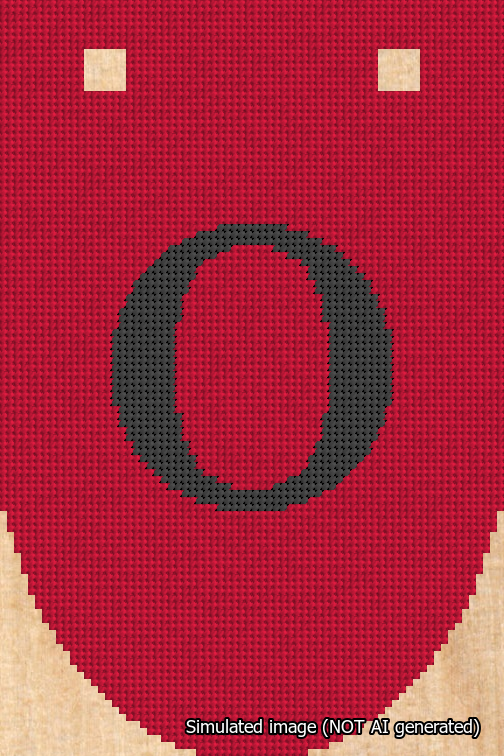 A simulated image of the stitched needlepoint design: Banner 18m Rounded O Black on Red. Not A.I. generated.