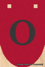 A simulated image of the stitched needlepoint design: Banner 18m Rounded O Black on Red. Not A.I. generated.