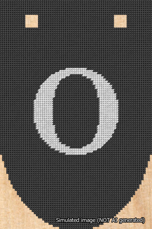 A simulated image of the stitched needlepoint design: Banner 18m Rounded O White on Black. Not A.I. generated.