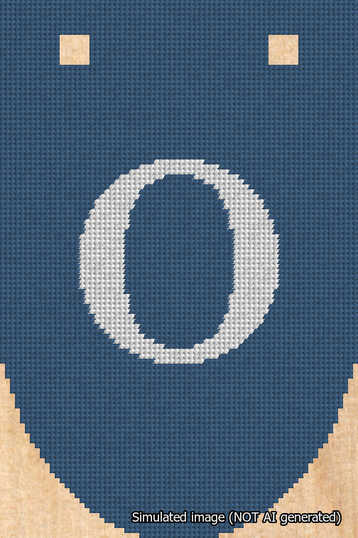 A simulated image of the stitched needlepoint design: Banner 18m Rounded O White on Blue. Not A.I. generated.