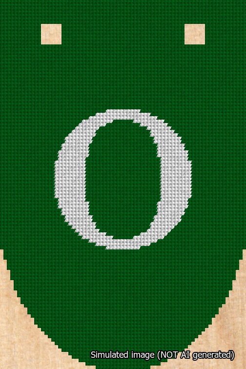 A simulated image of the stitched needlepoint design: Banner 18m Rounded O White on Green. Not A.I. generated.