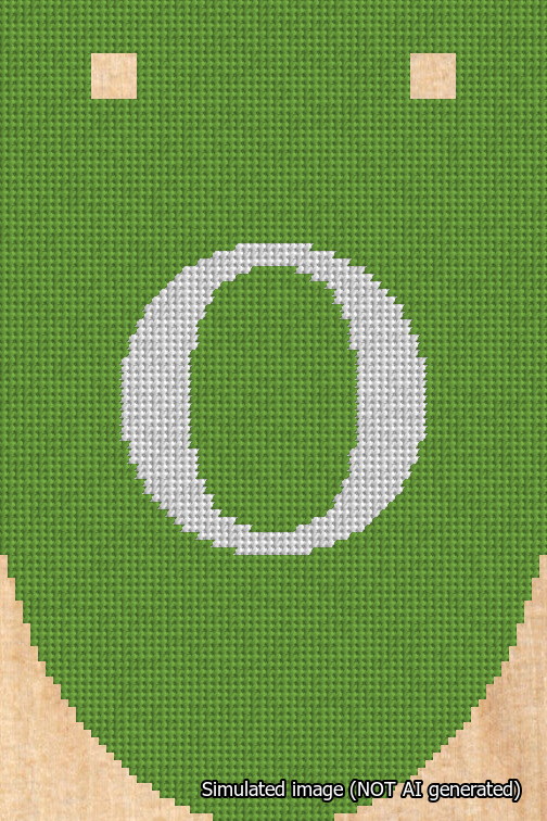 A simulated image of the stitched needlepoint design: Banner 18m Rounded O White on Light Green. Not A.I. generated.