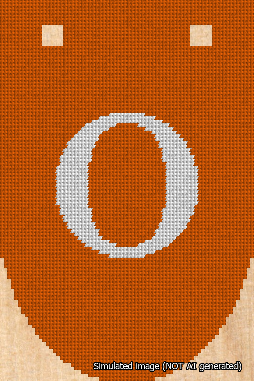 A simulated image of the stitched needlepoint design: Banner 18m Rounded O White on Orange. Not A.I. generated.
