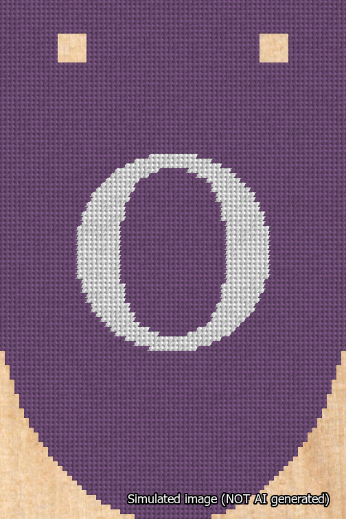A simulated image of the stitched needlepoint design: Banner 18m Rounded O White on Purple. Not A.I. generated.