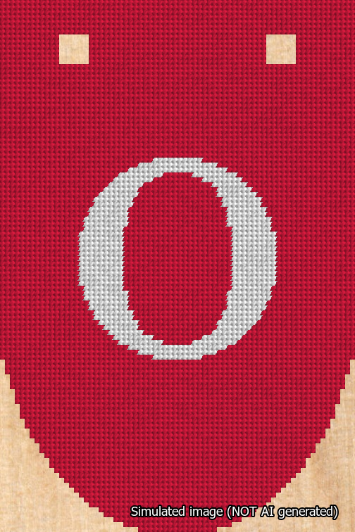 A simulated image of the stitched needlepoint design: Banner 18m Rounded O White on Red. Not A.I. generated.