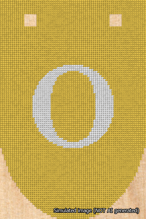 A simulated image of the stitched needlepoint design: Banner 18m Rounded O White on Yellow. Not A.I. generated.