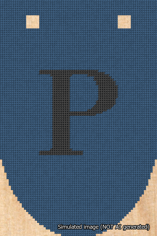 A simulated image of the stitched needlepoint design: Banner 18m Rounded P Black on Blue. Not A.I. generated.
