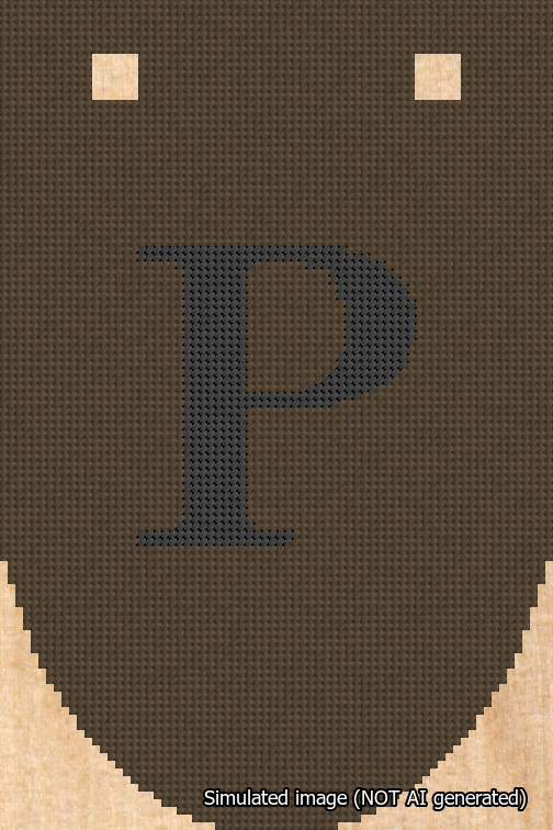 A simulated image of the stitched needlepoint design: Banner 18m Rounded P Black on Brown. Not A.I. generated.