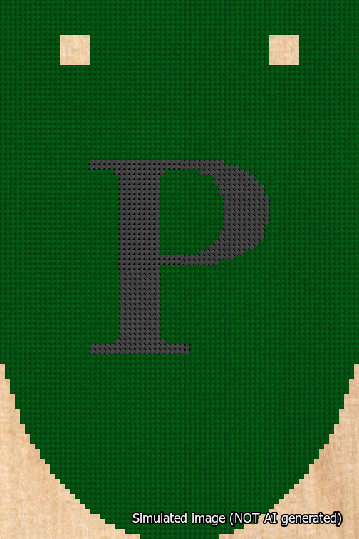 A simulated image of the stitched needlepoint design: Banner 18m Rounded P Black on Green. Not A.I. generated.