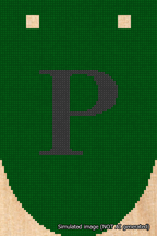 A simulated image of the stitched needlepoint design: Banner 18m Rounded P Black on Green. Not A.I. generated.