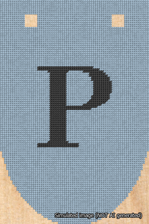 A simulated image of the stitched needlepoint design: Banner 18m Rounded P Black on Light Blue. Not A.I. generated.