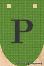 A simulated image of the stitched needlepoint design: Banner 18m Rounded P Black on Light Green. Not A.I. generated.