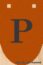 A simulated image of the stitched needlepoint design: Banner 18m Rounded P Black on Orange. Not A.I. generated.