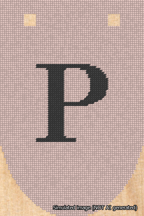 A simulated image of the stitched needlepoint design: Banner 18m Rounded P Black on Pink. Not A.I. generated.
