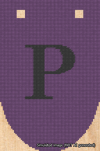 A simulated image of the stitched needlepoint design: Banner 18m Rounded P Black on Purple. Not A.I. generated.