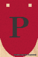 A simulated image of the stitched needlepoint design: Banner 18m Rounded P Black on Red. Not A.I. generated.