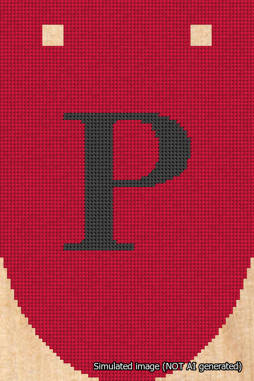 A simulated image of the stitched needlepoint design: Banner 18m Rounded P Black on Red. Not A.I. generated.