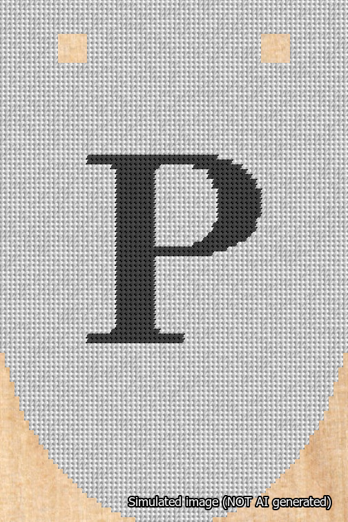 A simulated image of the stitched needlepoint design: Banner 18m Rounded P Black on White. Not A.I. generated.