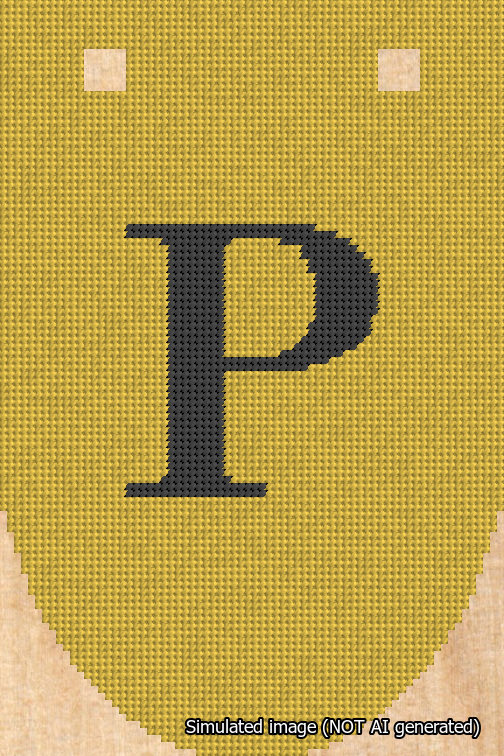 A simulated image of the stitched needlepoint design: Banner 18m Rounded P Black on Yellow. Not A.I. generated.