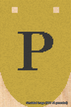 A simulated image of the stitched needlepoint design: Banner 18m Rounded P Black on Yellow. Not A.I. generated.