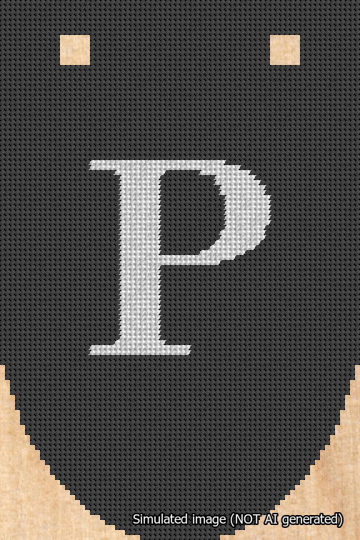 A simulated image of the stitched needlepoint design: Banner 18m Rounded P White on Black. Not A.I. generated.
