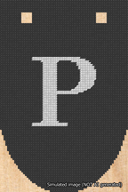 A simulated image of the stitched needlepoint design: Banner 18m Rounded P White on Black. Not A.I. generated.