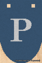 A simulated image of the stitched needlepoint design: Banner 18m Rounded P White on Blue. Not A.I. generated.