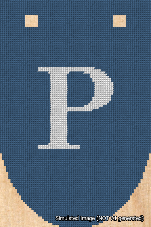 A simulated image of the stitched needlepoint design: Banner 18m Rounded P White on Blue. Not A.I. generated.