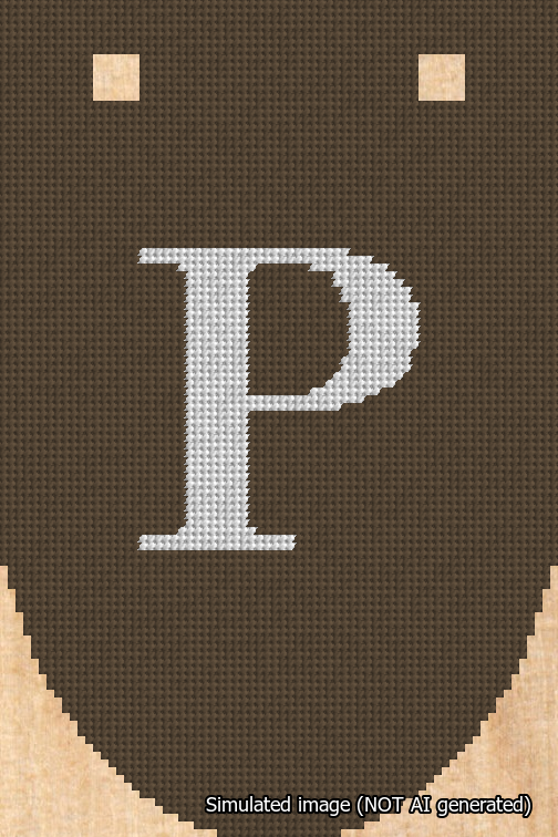 A simulated image of the stitched needlepoint design: Banner 18m Rounded P White on Brown. Not A.I. generated.