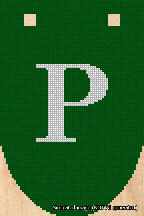 A simulated image of the stitched needlepoint design: Banner 18m Rounded P White on Green. Not A.I. generated.